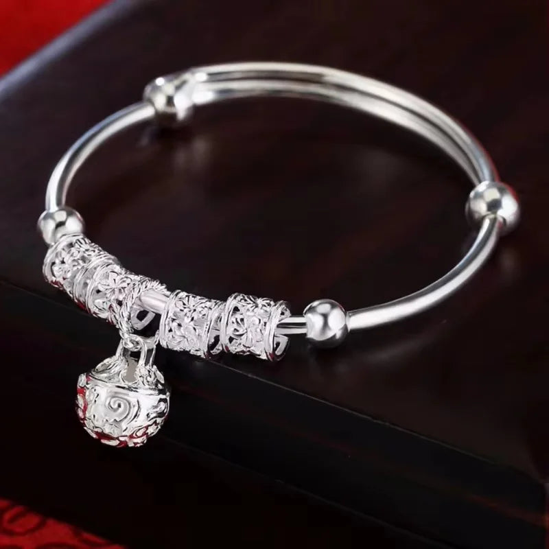 Sterling Silver Hollow Bells Ball Bangles for Women Adjustable Jewelry