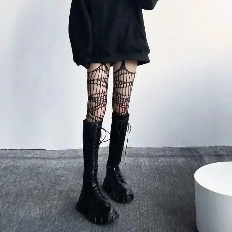 Gothic Fishnet Stockings for Women Halloween Garter Over Knee Tights