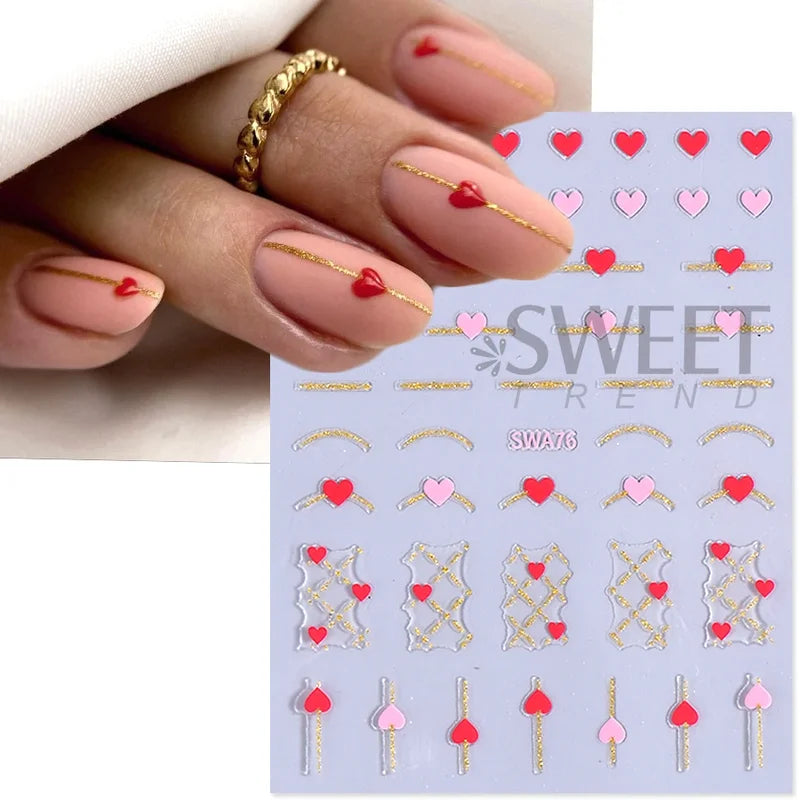 4 Pcs Gold Heart Line Nail Art Stickers for Romantic Valentines French Tips