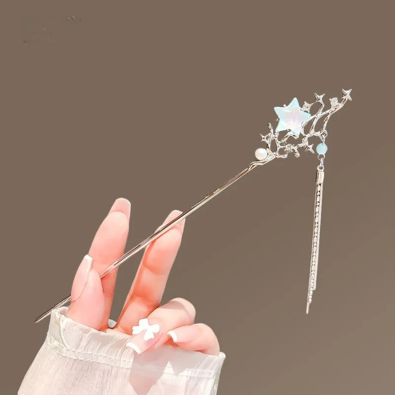 Crystal Moonstone Star and Moon Hairpin with Tassel Clip - Ladies Headwear Accessory