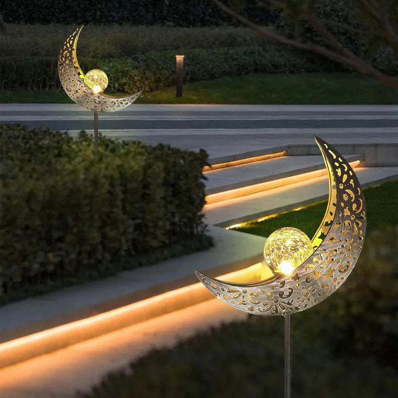 Solar Garden Lights Outdoor Decor Moon Fairy Crackle Glass LED Stake Light