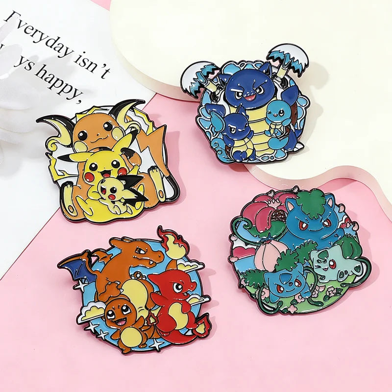 4-Piece Pokemon Enamel Pins Set - Anime Pikachu Bulbasaur Charizard Badge Brooch