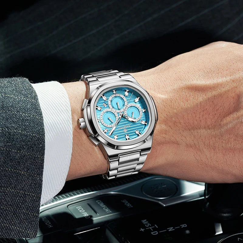 Men's Waterproof Stainless Steel Chronograph Watch with Luminous Dial and Date Function