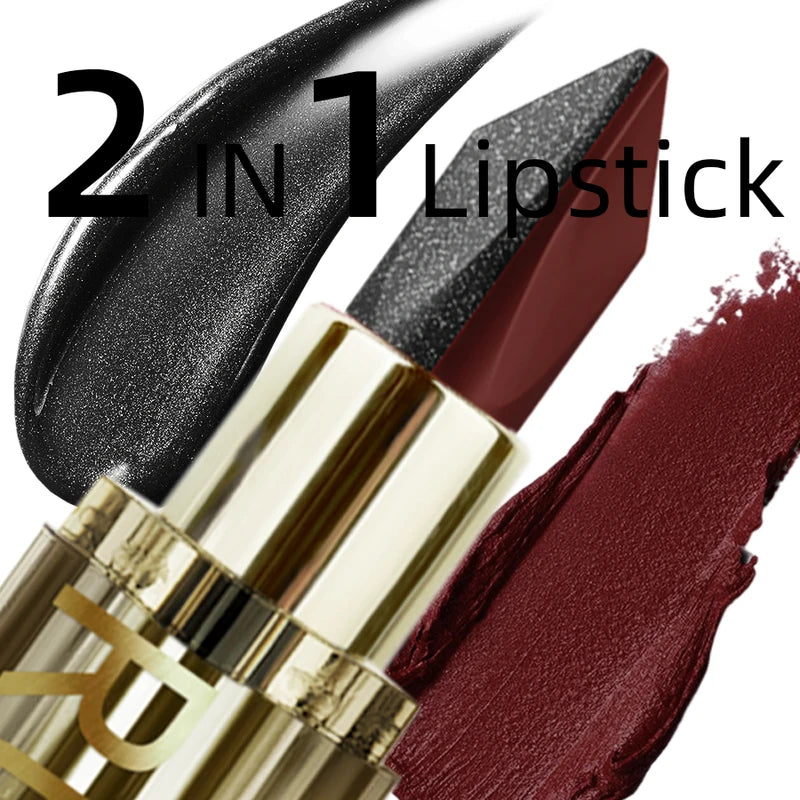 Waterproof Two-Tone Lipstick with Pearlescent Finish - Matte Non-Stick Red Black Brown Lips Makeup