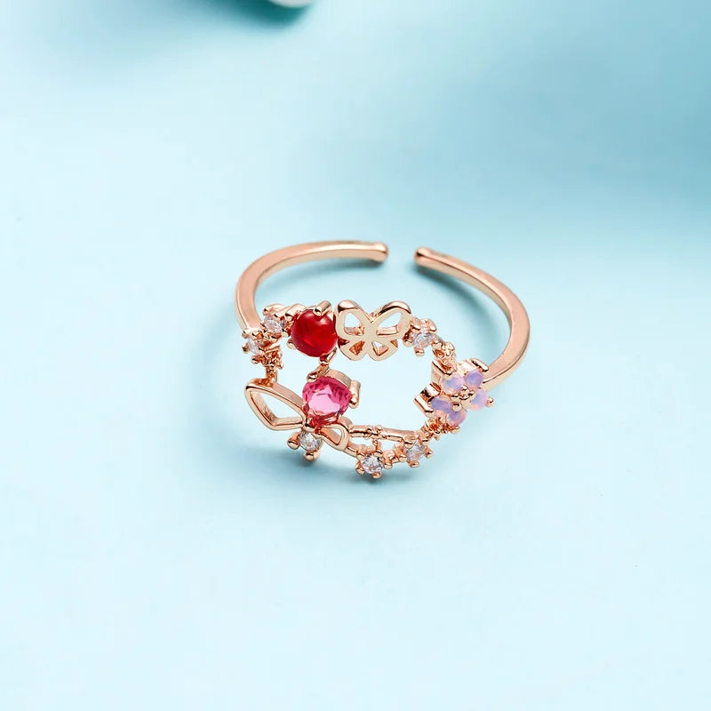 Korean Delicate Flowers Rings for Women Girls Micro-Inlaid Crystal Jewelry