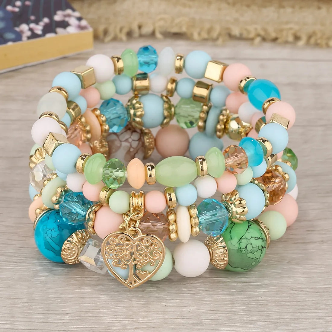 Bohemian Beaded Chain Bracelet Set for Women Tree of Life Charm Elastic Jewelry