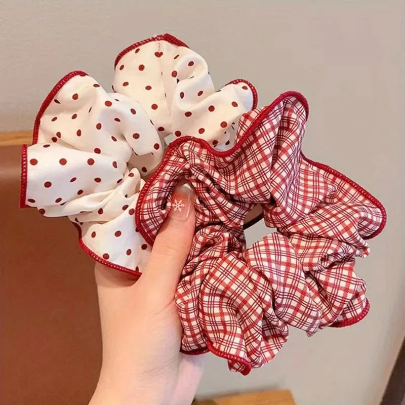 2/3pcs High End Red Cute Dot Plaid Scrunchies for Women & Girls Hair Ties