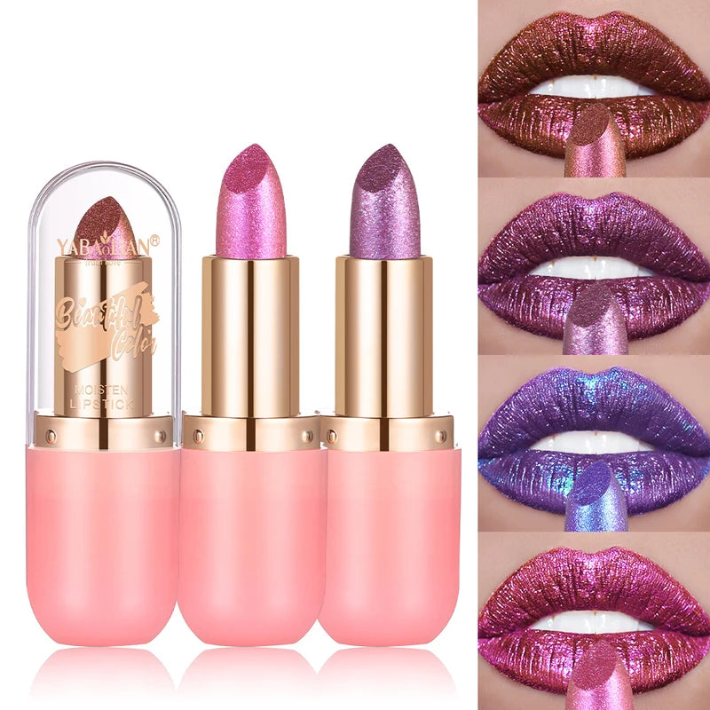 Color Changing Metallic Lipstick with Glitter & Pearl Shine Waterproof Lip Gloss