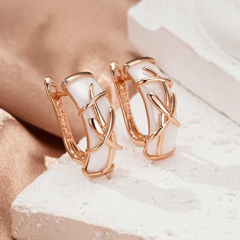 White Ceramic Drop Earrings for Women - 19x7mm Rose Gold Jewelry