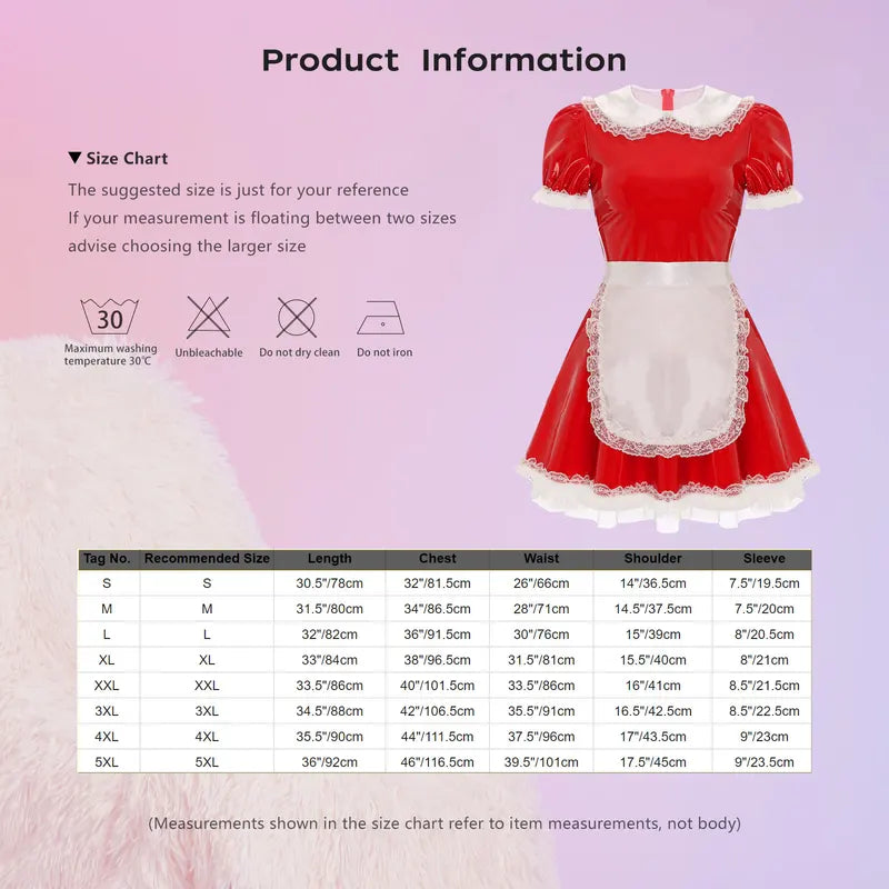 Women's Latex French Maid Cosplay Costume Dress with Apron for Halloween & Parties