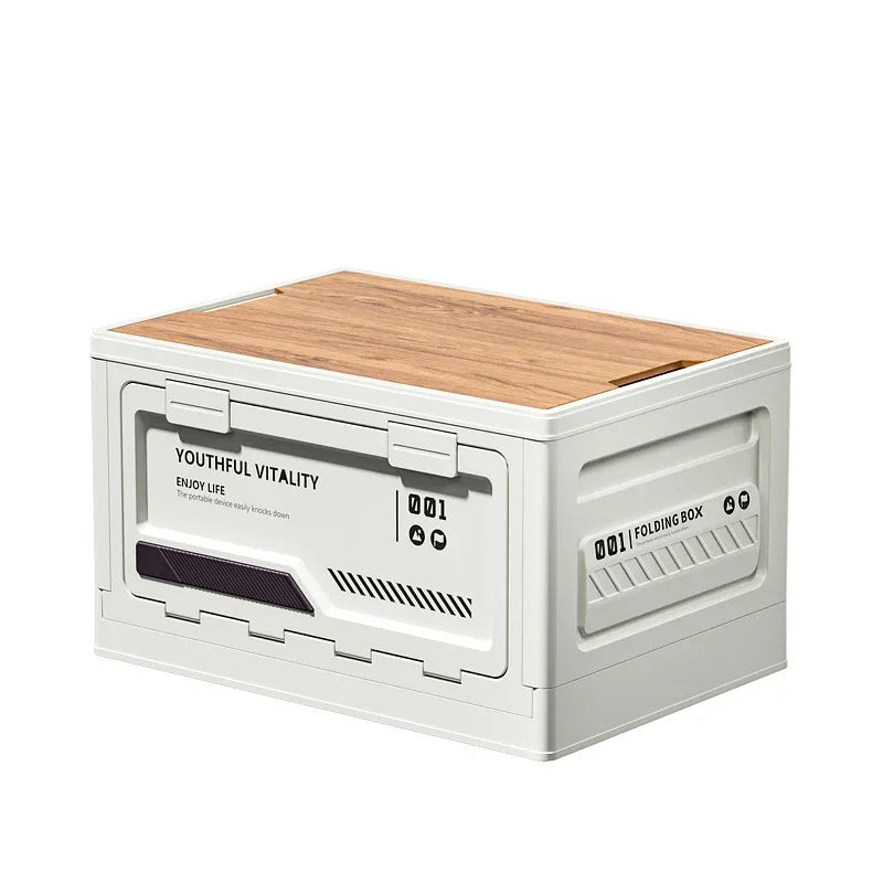 Folding Storage Box with Wooden Lid - Car Trunk Organizer, Home & Outdoor Use