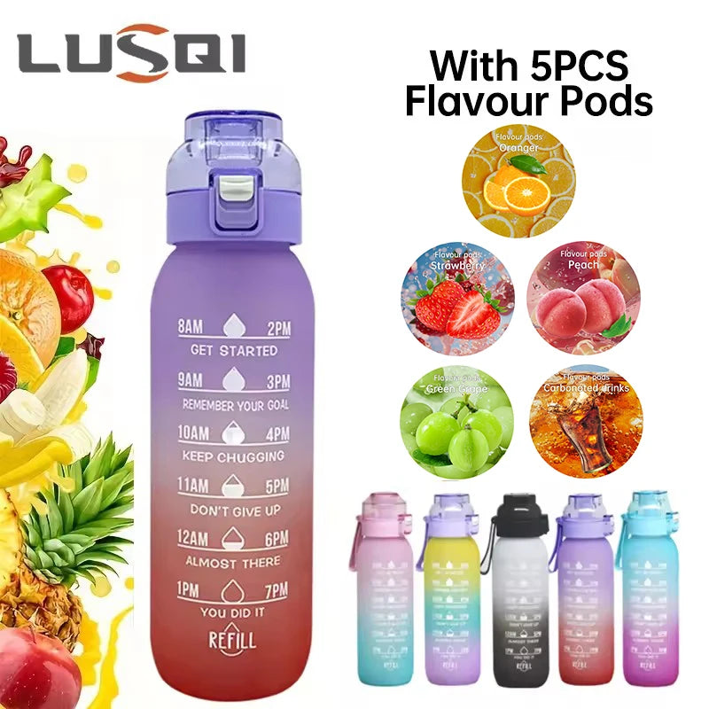 Reusable 1000ML Water Bottle with Straw & 5 Flavor Pods - Sports & Outdoor Active Hydration