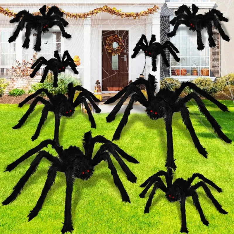 Giant Black Plush Halloween Spider Decor - Indoor Outdoor Haunted House Props