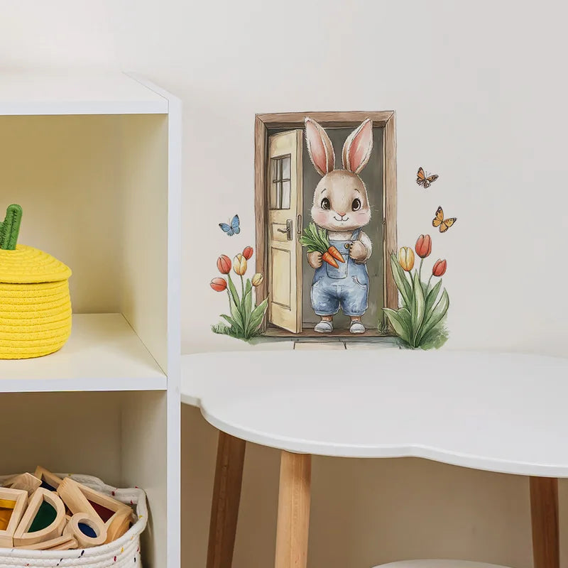 Wooden Bunny Wall Sticker for Kids Room Decor - Self-Adhesive, Waterproof
