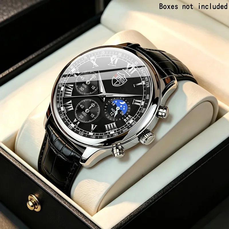 Men's Luxury Business PU Leather Round Dial Quartz Watch - Multiple Colors