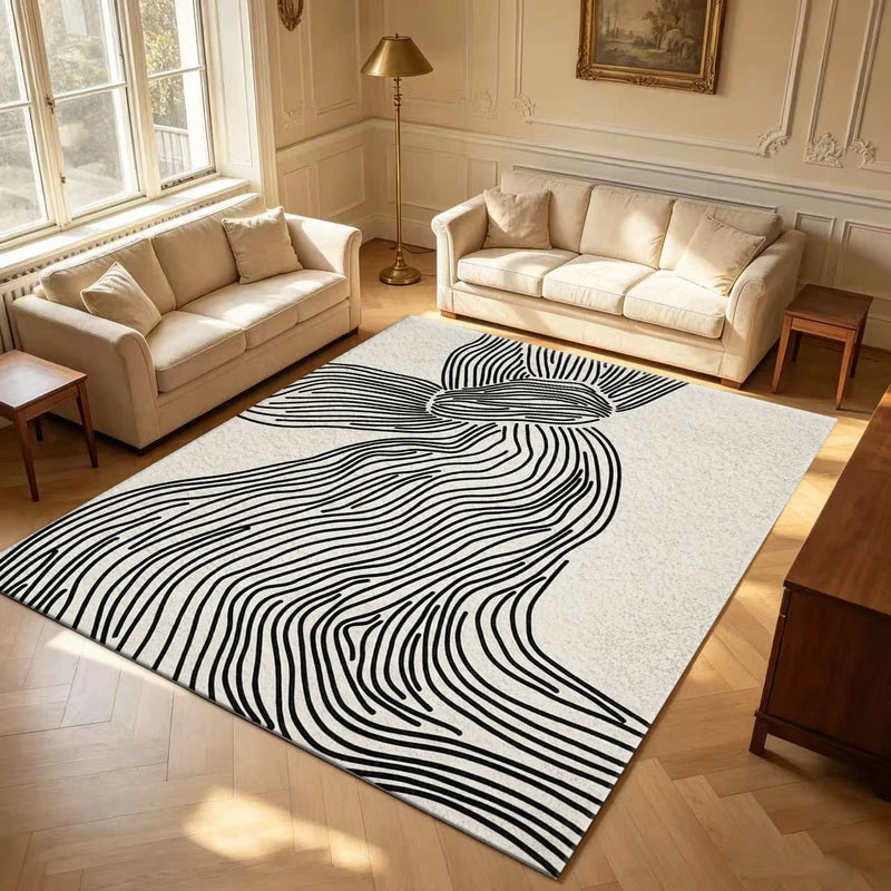 Minimalist Black Line Abstract Wave Area Rug - Boho Textured Non Slip Washable Floor Mat