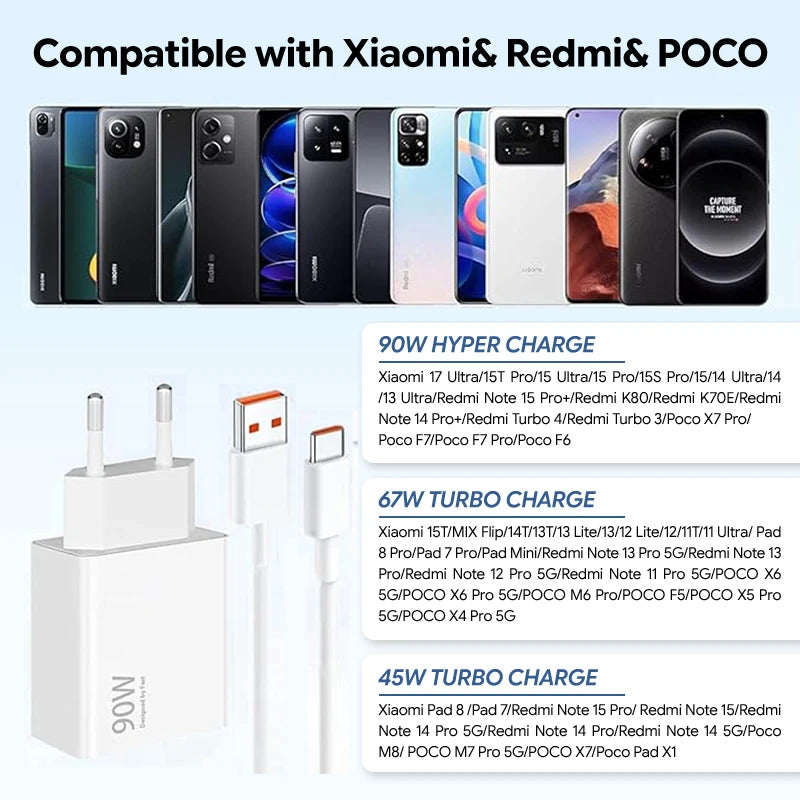 90W Fast Charging USB-C Charger & Cable Set for Xiaomi & POCO Phones