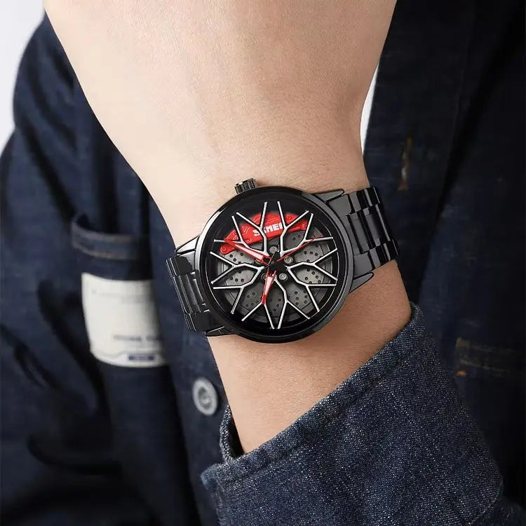 Men's Quartz Watch with Rotating Car Wheel Dial Waterproof Sports Racing Style
