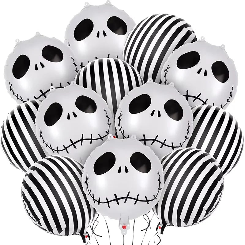 12 pcs 18 Inch Halloween Skull Black and White Striped Foil Balloons Party Decorations