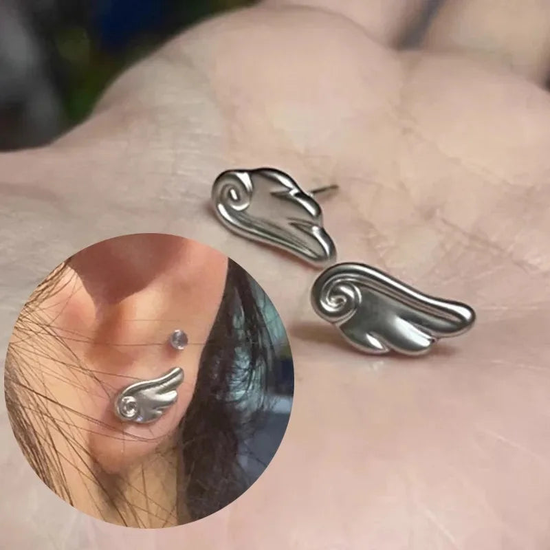 Angel Wings Earrings - Frosted Silver Studs for Women, Vintage Y2K Jewelry