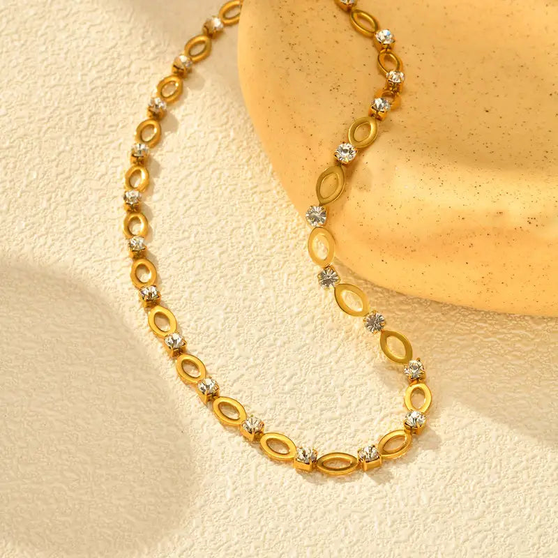 Gold Color White Zircon Hollow Oval Chain Necklace for Women