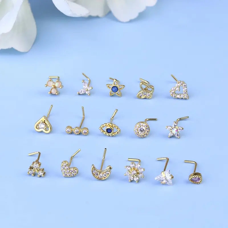 20G Surgical Steel Nose Studs with Opal CZ Heart Butterfly Design - Elegant Piercing Jewelry