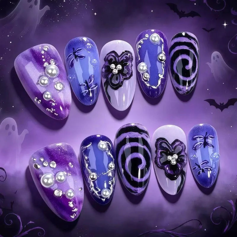 24-Piece Gothic Press-On Nail Set - Purple Flower Swirl Fake Nails for Women
