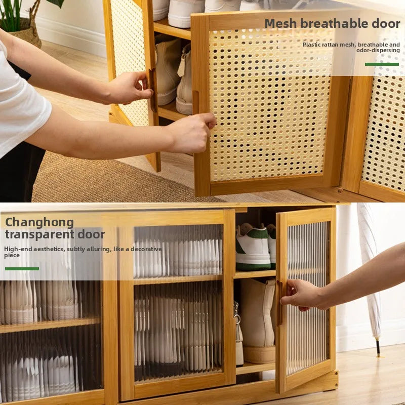 Wooden & Bamboo Shoe Cabinet with Door Storage and Stool - Multi-Color Options