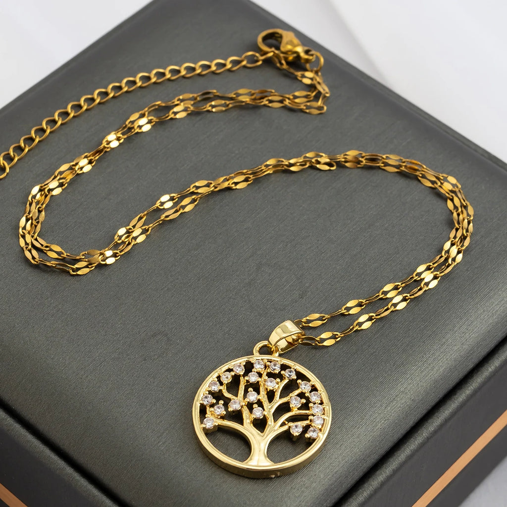 Luxury Rhinestone Tree of Life Pendant Necklace for Women Vintage Stainless Steel Jewelry