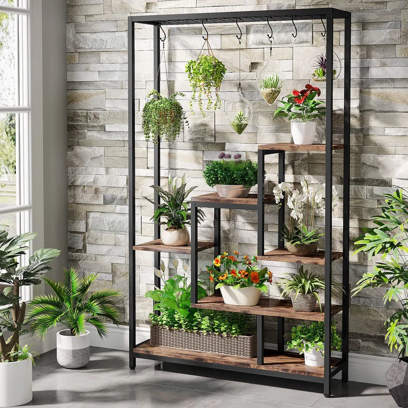 Tall Indoor Plant Stand 5-Tier Metal Shelving Unit with Hanging Hooks - Large Garden Display Rack