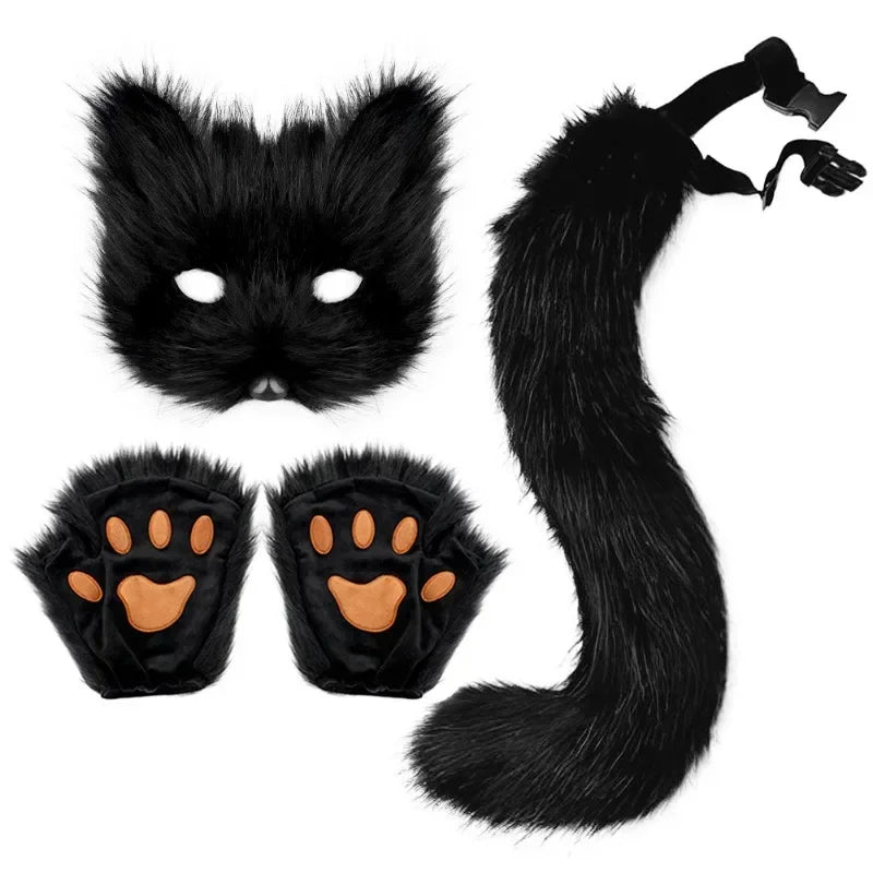 Fox Half Face Mask with Tail and Gloves Costume Set for Halloween Cosplay