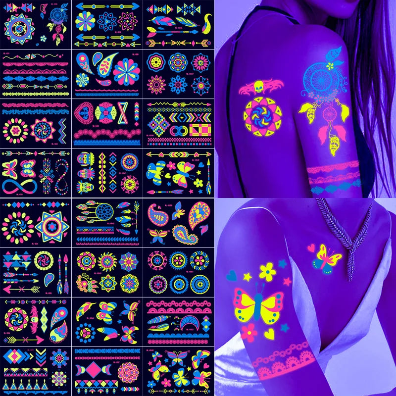 Halloween Luminous UV Glow Temporary Tattoos Stickers for Body & Face Party Accessory