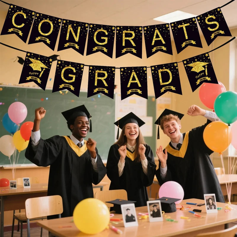 Graduation Hat Star Banner Hanging Decorations - Black Gold Party Ornaments
