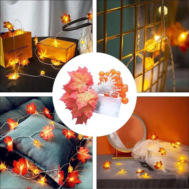 LED Halloween Fairy Light Garland with Pumpkin & Maple Leaf Decorations - Battery Powered Indoor Outdoor Decor
