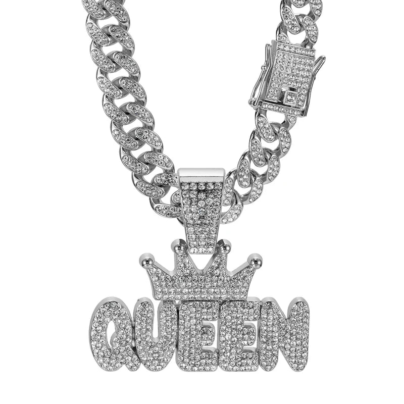 Men's Hip Hop Crown Pendant Necklace with QUEEN Letter Cuban Chain Bling Jewelry