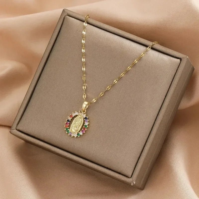 Gorgeous Women's Sky Star Micro Inlaid Zircon Necklace with Virgin Mary Pendant