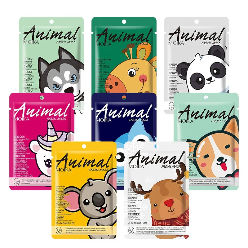 8pcs Animal Moisturizing Face Mask Set for Dry Skin & Hydration - Collagen & Hyaluronic Acid