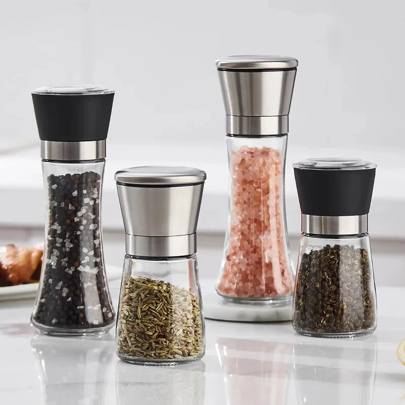 Manual Salt and Pepper Grinder Set - 180/200ML Stainless Steel Glass Spice Bottles for Kitchen