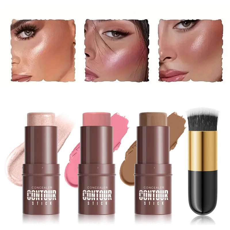 4-Piece Contour Stick Makeup Set with Highlighter Blush Bronzer & Golden Powder Brush - Waterproof Cream for All Skin Tones, Shimmery