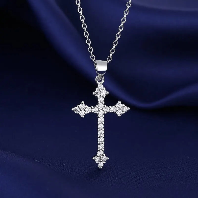 Women’s Gold-Color Necklace with Cross Pendant and Rhinestones, 45cm
