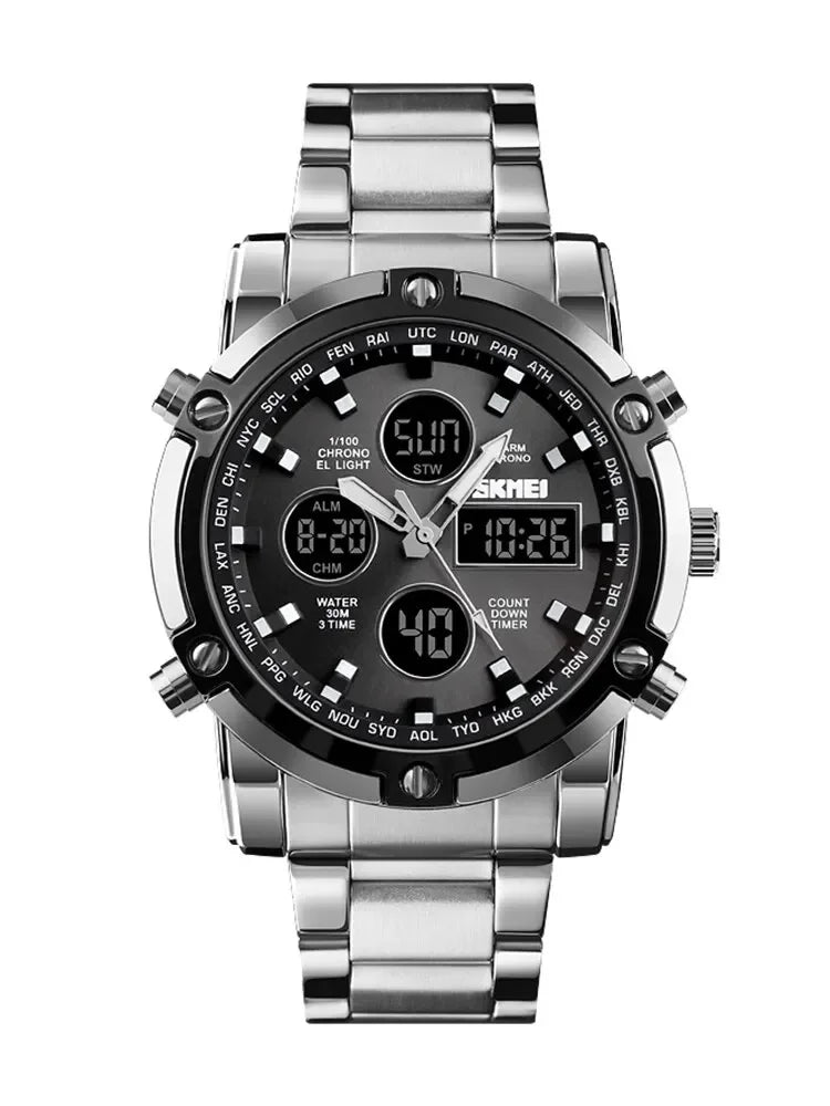 Men's Digital Quartz Wristwatch with Steel Strap & Countdown Timer