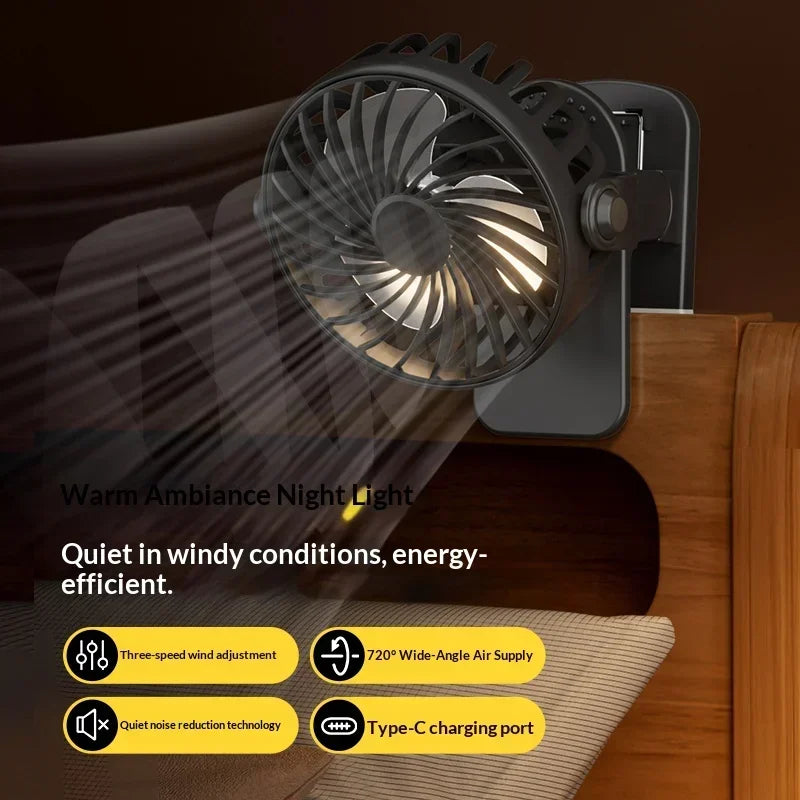 Mini 720° Rotatable Clip Fan with Night Light, USB Rechargeable Portable Cooler