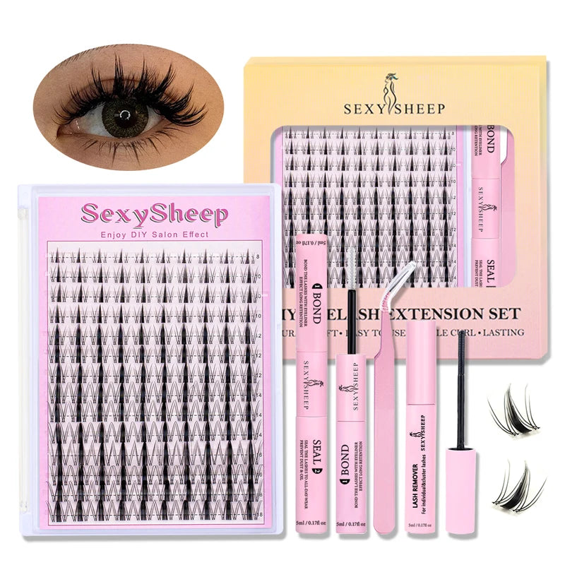 DIY Eyelash Extension Set False Eyelashes with Bond Seal Remover Tweezers - Natural D Curl Group