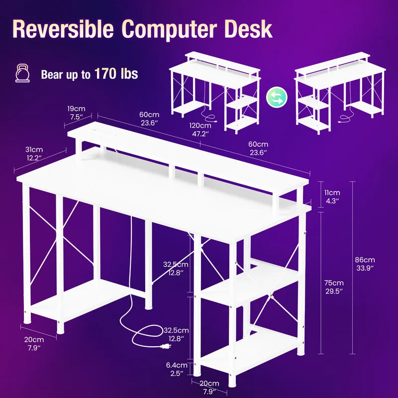48-Inch Computer Desk with Shelves Drawers and LED Lighting - Office Gaming Table with Power Outlets
