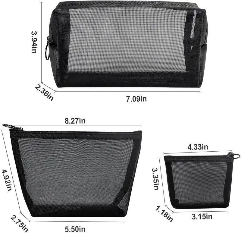 Mesh Cosmetic Bag Set 3-Pack Travel Makeup Storage with Zipper Closure
