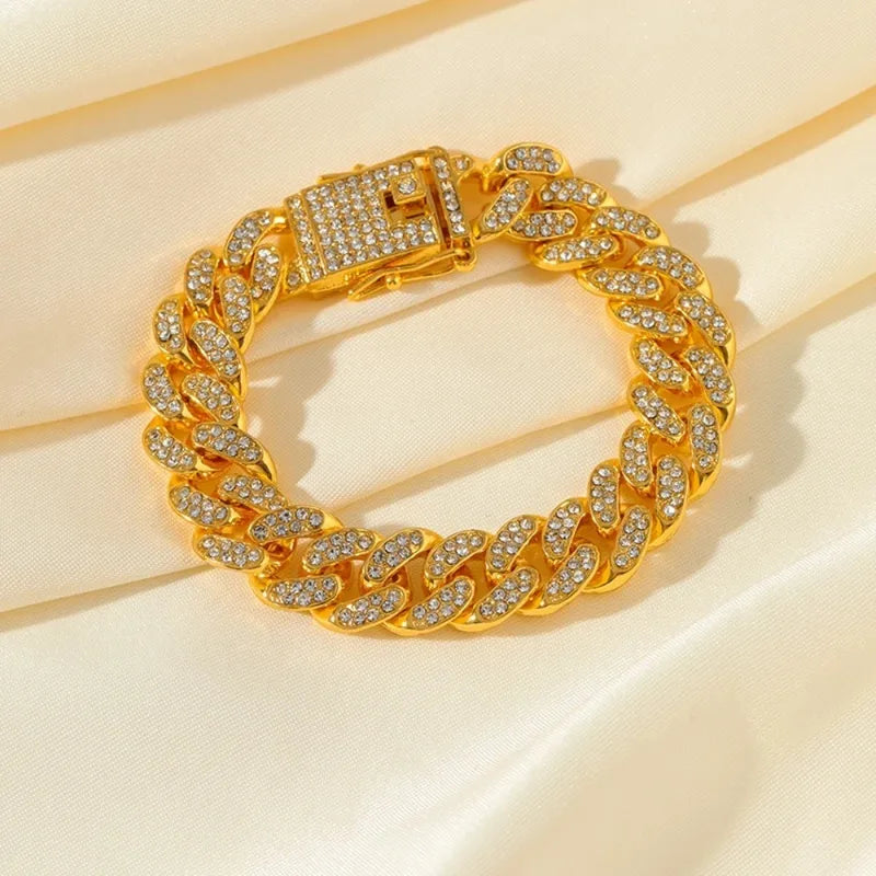 Men's Gold Chain Bracelet with Clear Crystal Stones - Hip Hop Miami Link Style