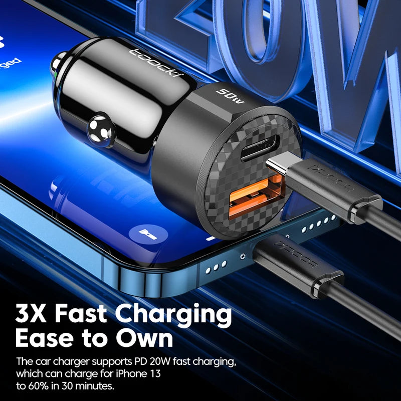 50W Dual Port Car Charger Fast Charging USB-C & USB-A for Smartphones & Devices