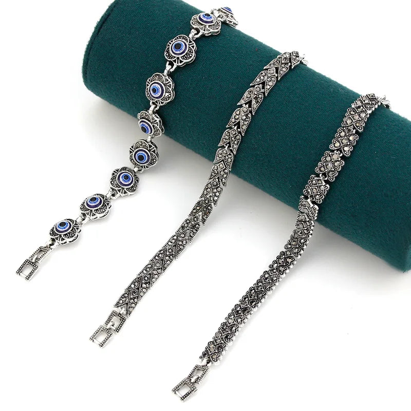Vintage Turkish Fatima Bracelet for Women Bohemia Evil Eye Charm Silver Jewelry
