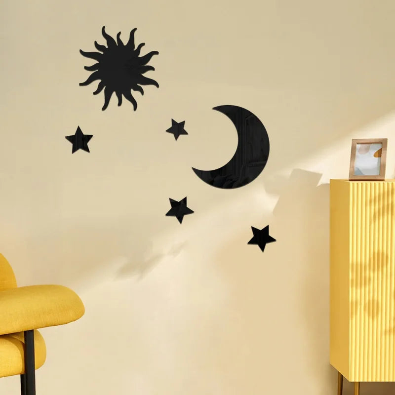 6PCS Star Moon Acrylic Mirror Wall Stickers - Self-Adhesive Decor for Bedroom & Living Room