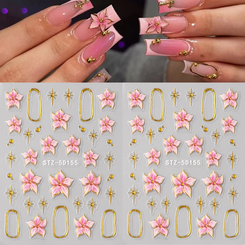 2pcs Embossed Hibiscus Flower Nail Art Stickers with Gold Ring Charms - Manicure Decals